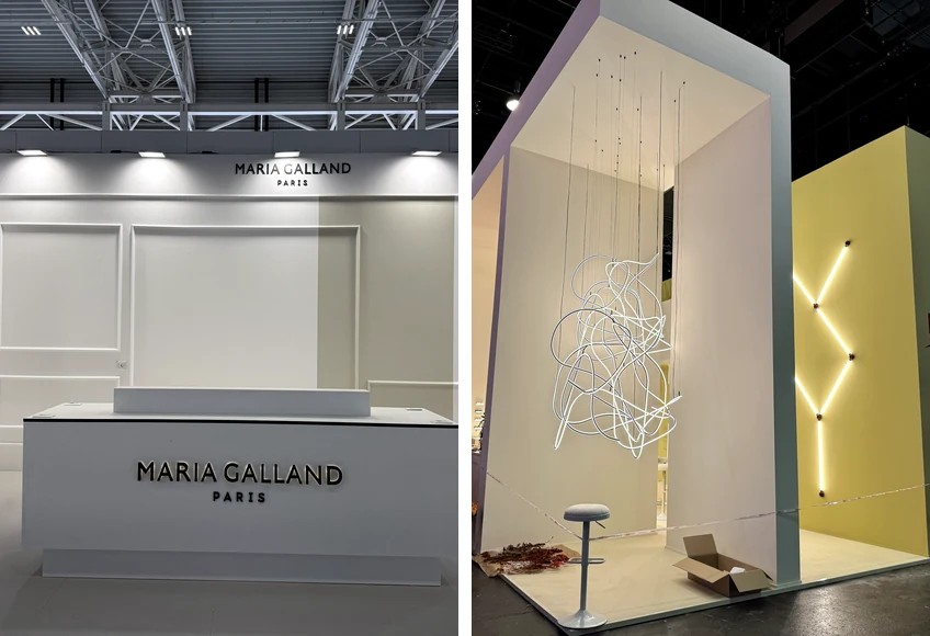 Comparison of flat general booth lighting and planned accent lighting in two exhibition booth examples