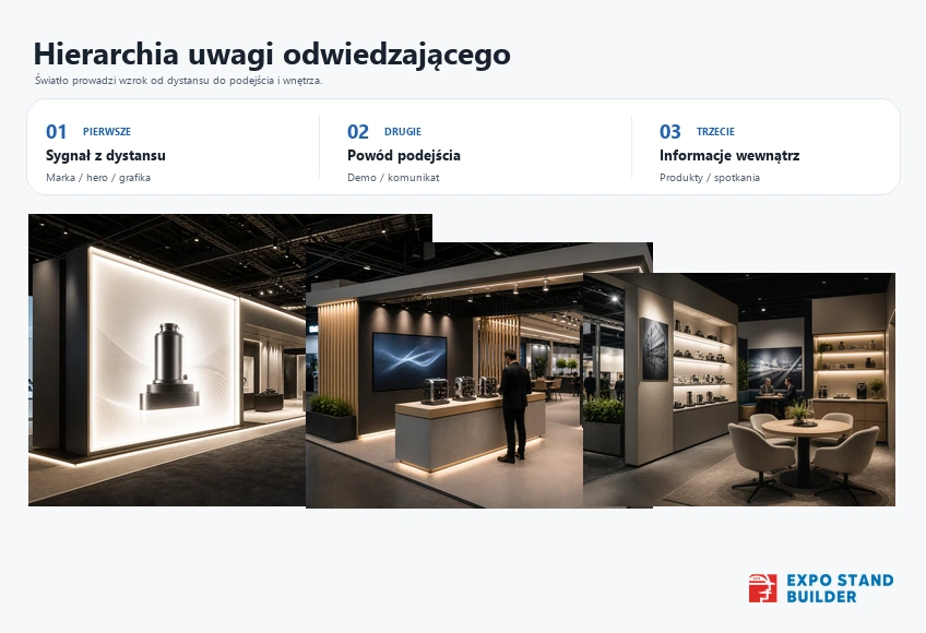 Infografika pokazująca hierarchię uwagi odwiedzającego od sygnału z dystansu po powód podejścia i informacje wewnątrz stoiska