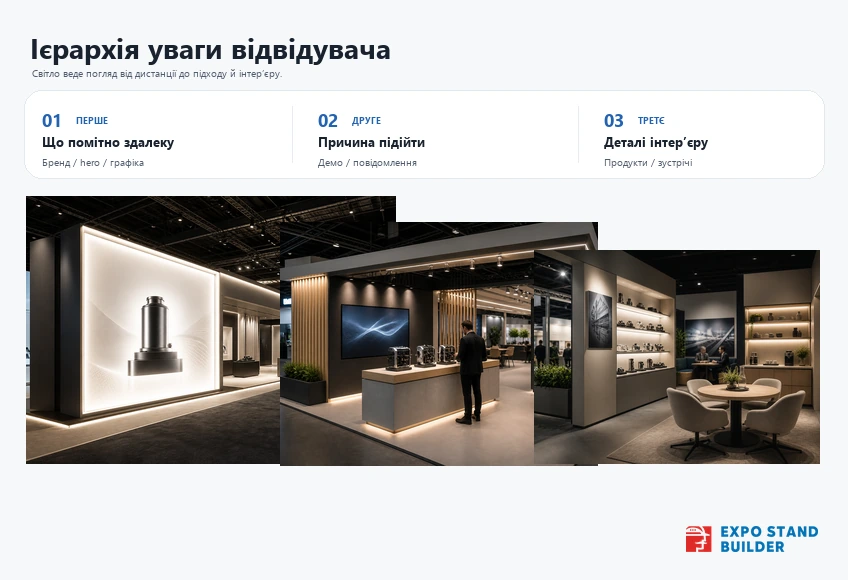 Інфографіка з ієрархією уваги відвідувача: від сигналу здалеку до причини підійти та деталей інтер’єру