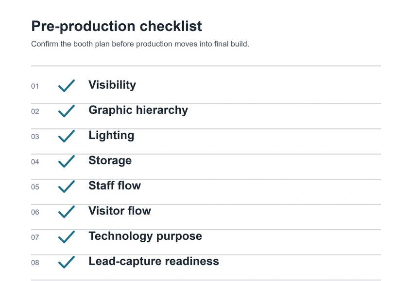 Trade show booth pre-production checklist covering visibility, graphic hierarchy, lighting, storage, staff flow, visitor flow, technology purpose and lead-capture readiness