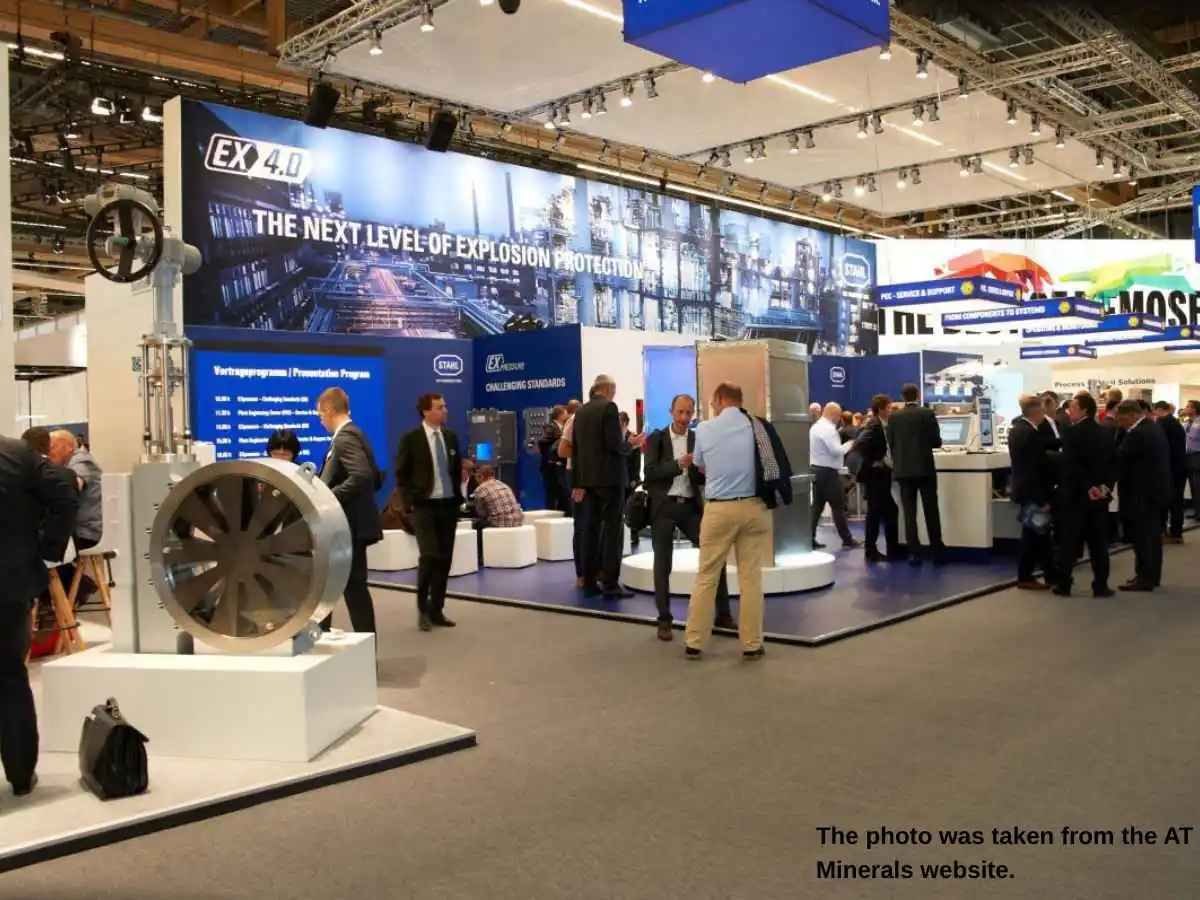 ACHEMA  2027 stand in Frankfurt with engineering meeting area and process equipment display