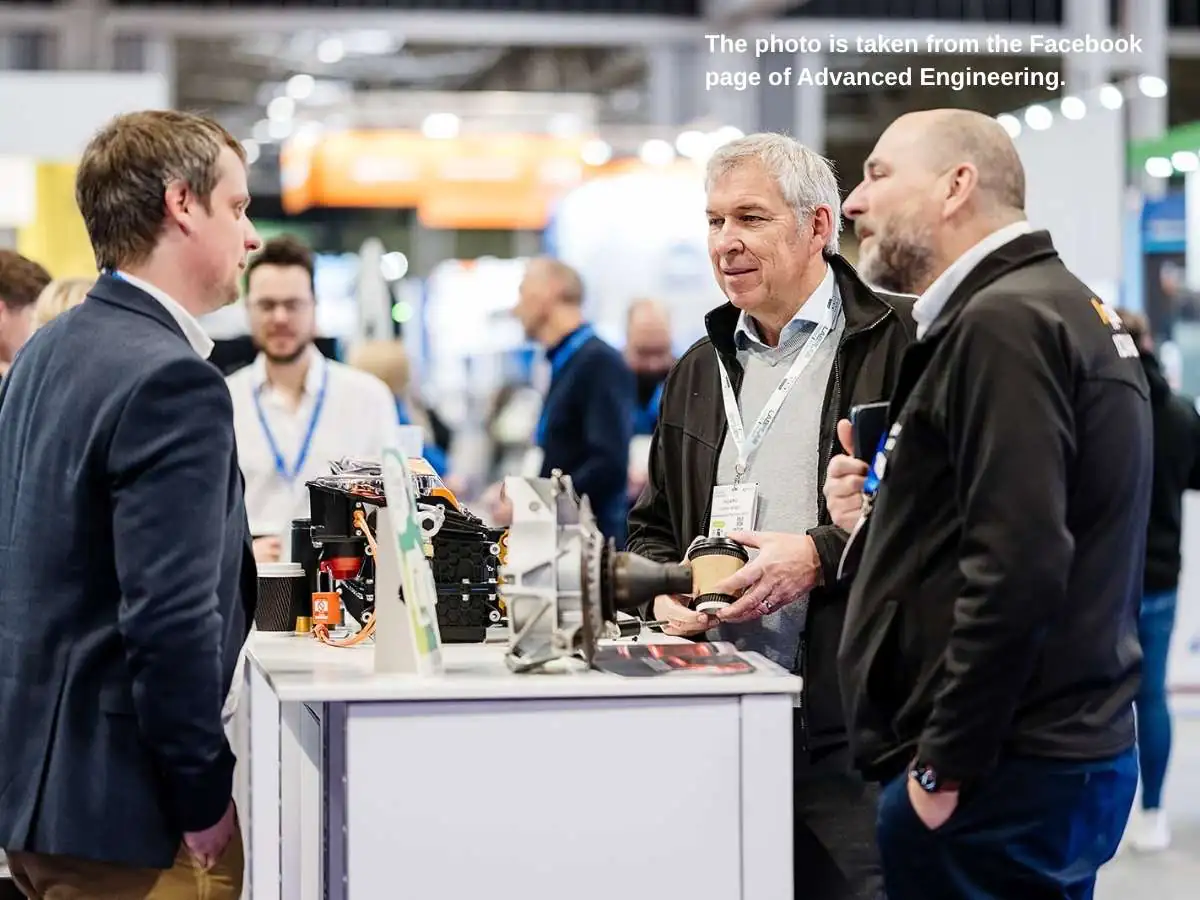 Advanced Engineering UK  2026 stand in Birmingham with technical meetings and machinery display at NEC