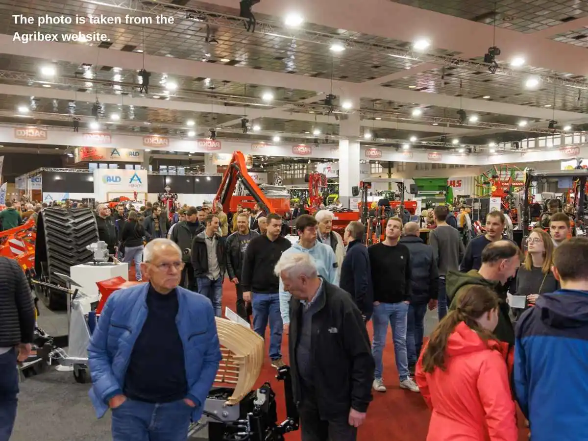 Agribex  2027 stand in Brussels with machinery display and meeting area at Brussels Expo