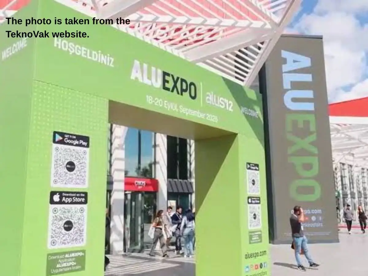 ALUEXPO  2027 stand in Istanbul with aluminium sample display and meeting area at Istanbul Expo Center IFM