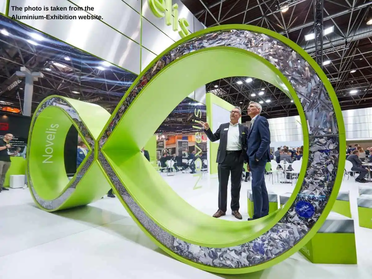 ALUMINIUM  2026 stand in Dusseldorf with machinery display and meeting area at Messe Düsseldorf