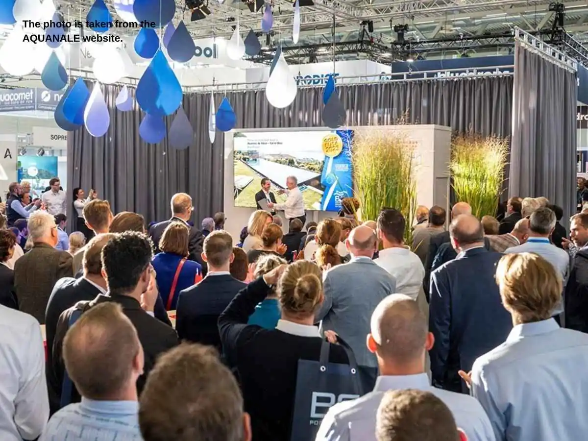 Exhibition stand for AQUANALE  2027 in Cologne at Koelnmesse with sauna and pool demo area