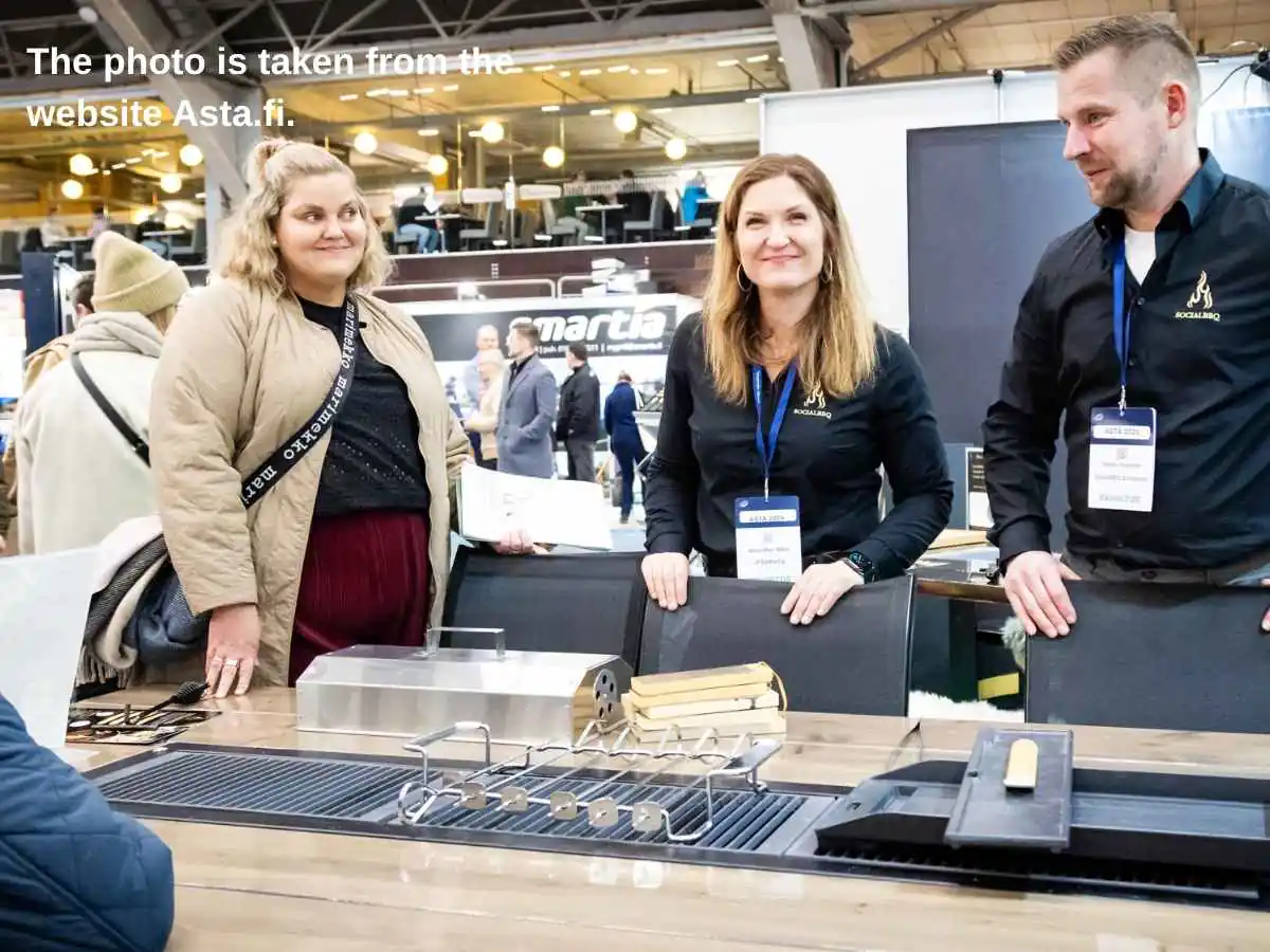 Custom exhibition stand at Asta  2027 in Tampere with material sample wall and meeting area