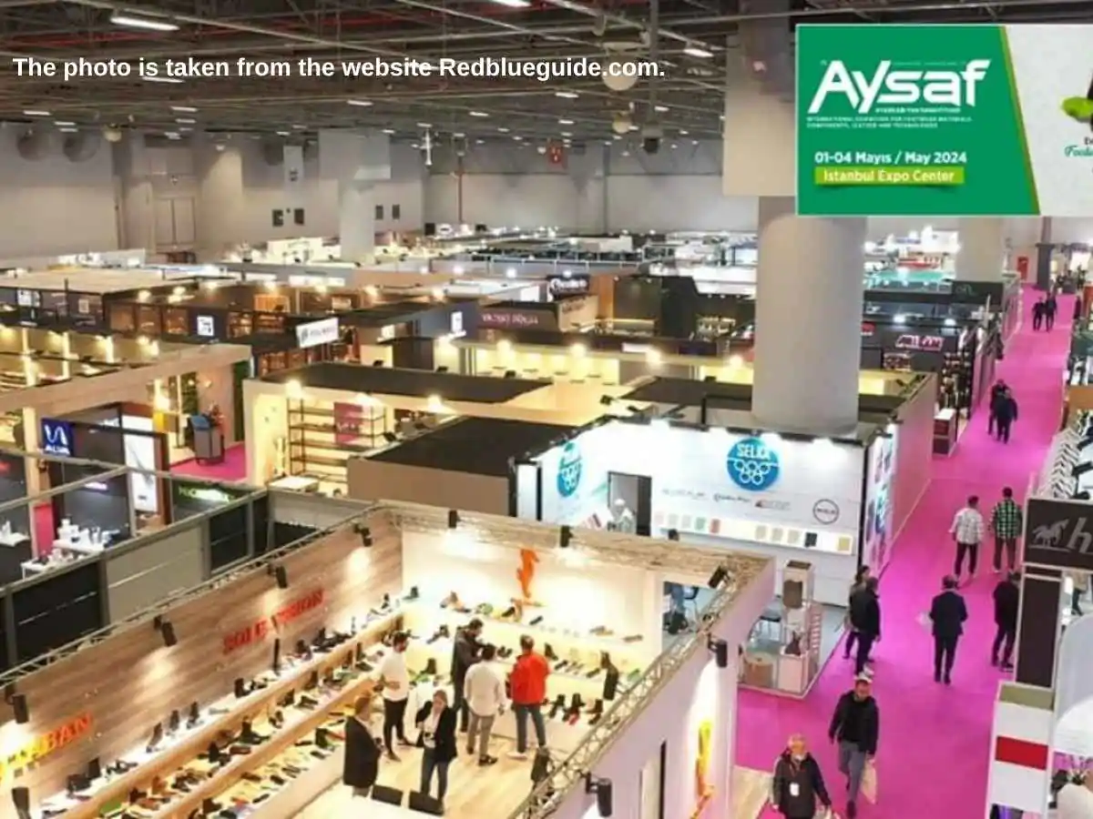 AYSAF  2026 stand in Istanbul with leather sample wall and meeting area at Istanbul Expo Center IFM
