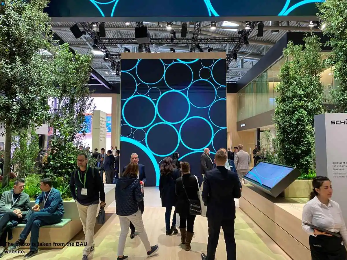 BAU  2027 stand at Munich with facade samples and meeting area at Messe München
