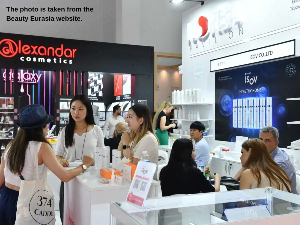 Beauty Eurasia  2026 stand in Istanbul with tester stations and skincare consultation area