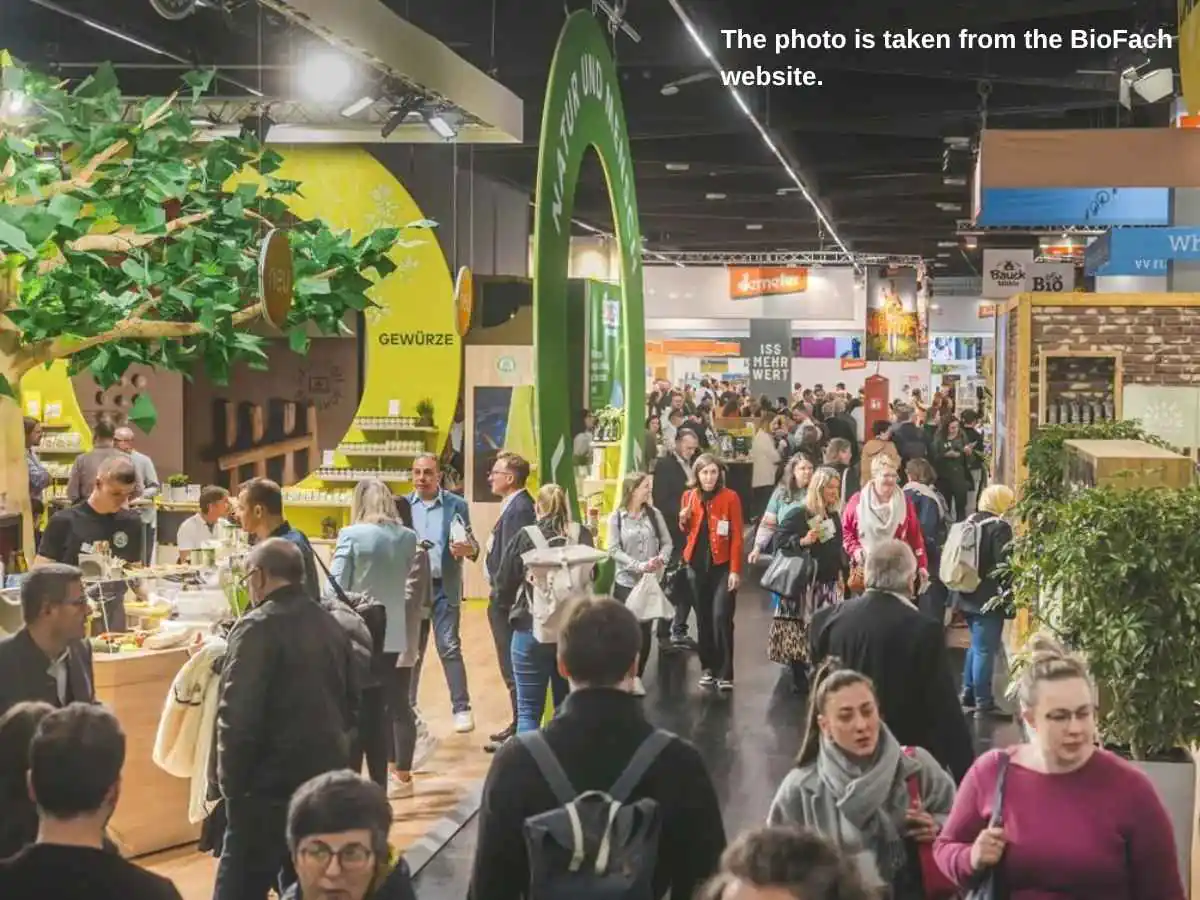 BioFach  2027 stand in Nuremberg with organic product demo counters at NürnbergMesse