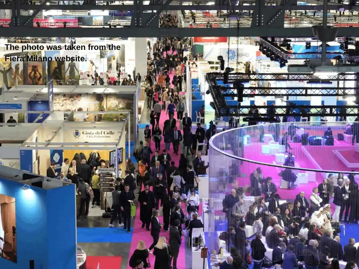 BIT  2027 stand in Milan with meeting area and travel presentation zone at Fiera Milano City