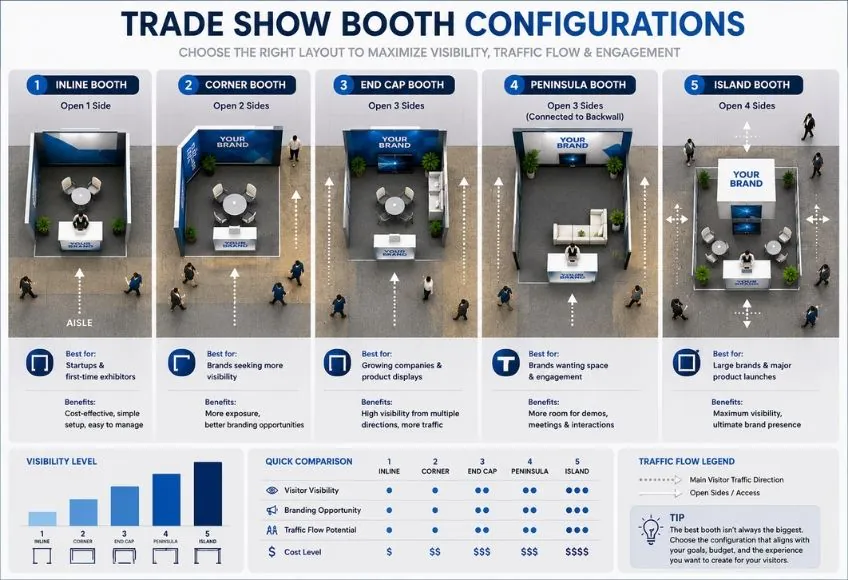 Trade show booth configurations including inline corner peninsula and island layouts
