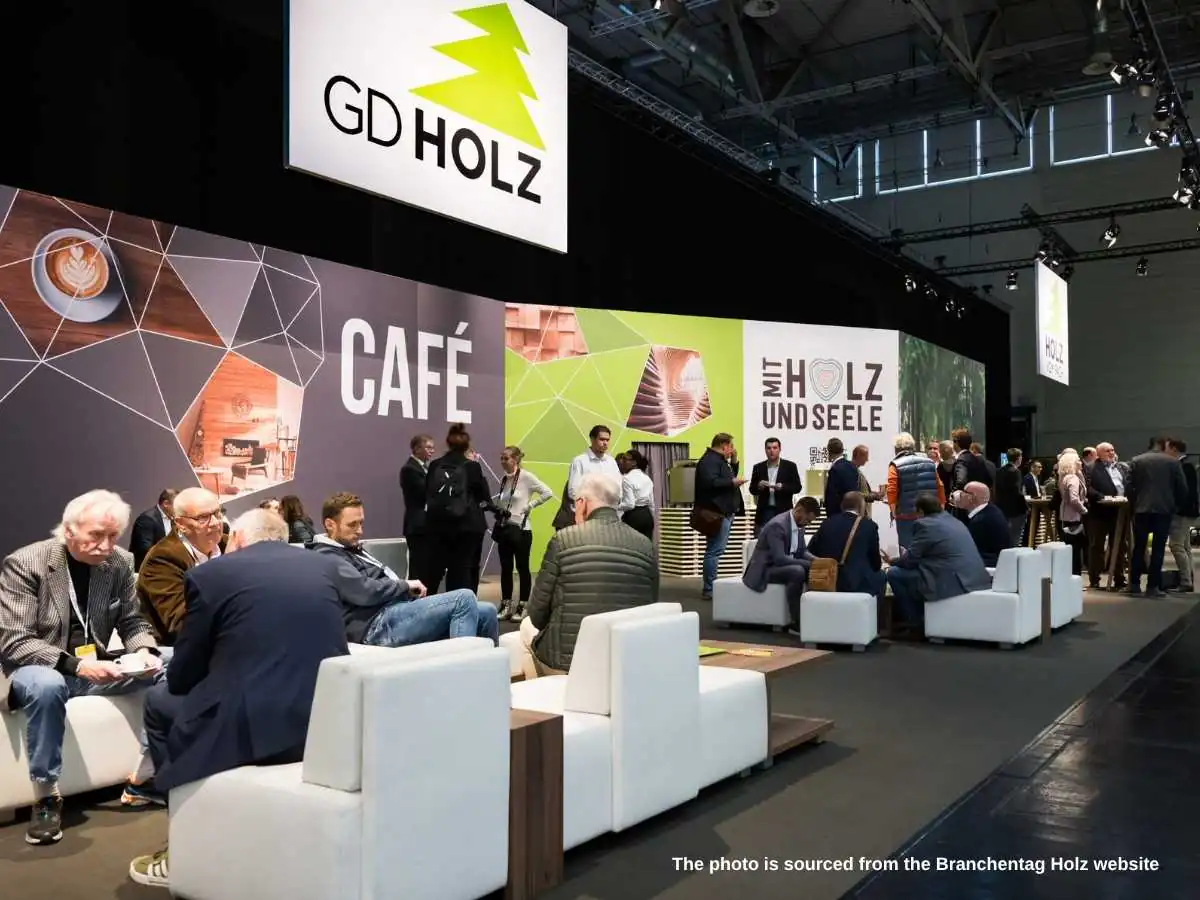 Branchentag Holz  2027 stand in Cologne with sample wall and meeting area at Koelnmesse