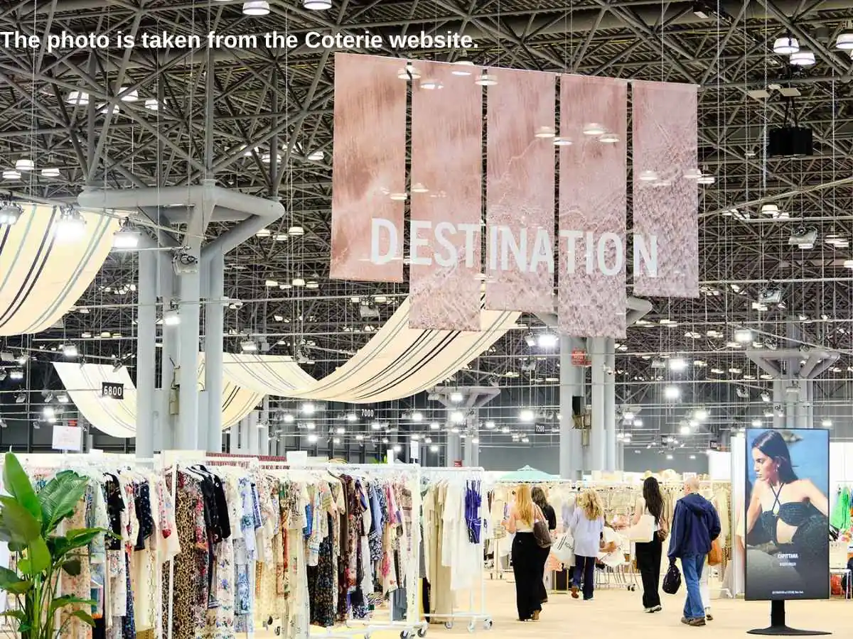 Coterie  2026 stand in NY at Jacob K. Javits Convention Center with accessories meeting area and footwear display