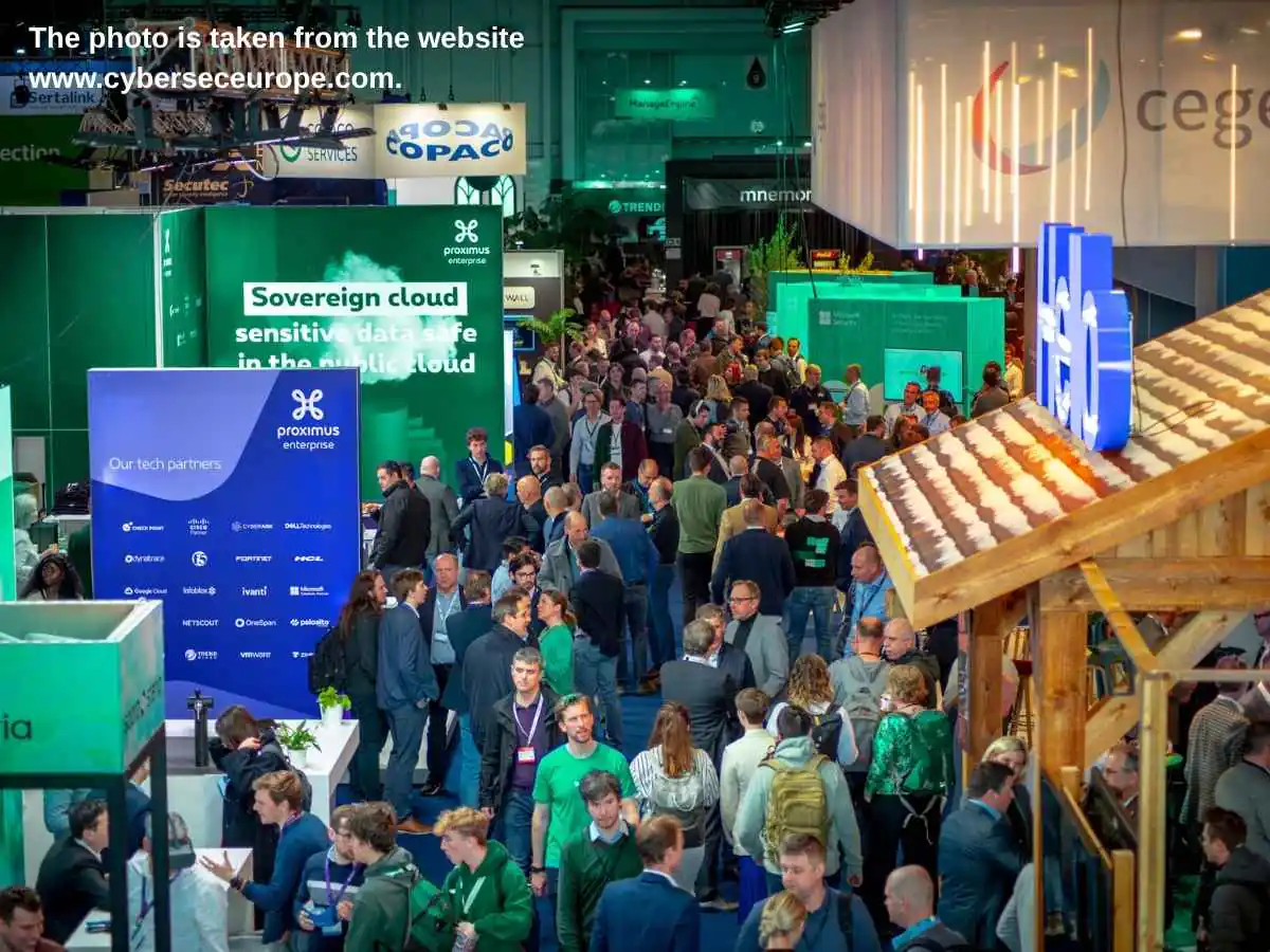 Cybersec Europe  2027 stand in Brussels with demo stations and meeting area at Brussels Expo