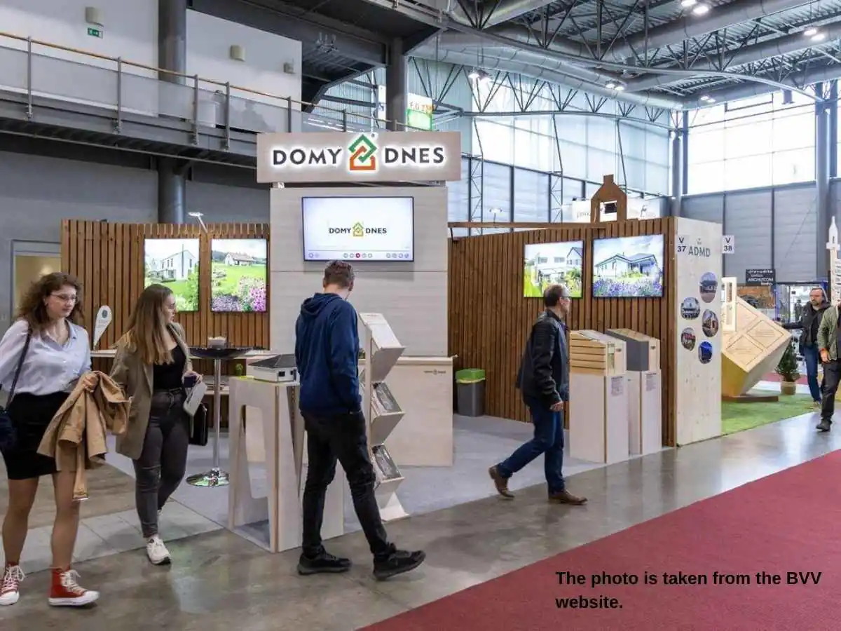 DSB  2027 stand in Brno at Brno Exhibition Centre with timber sample wall and meeting area
