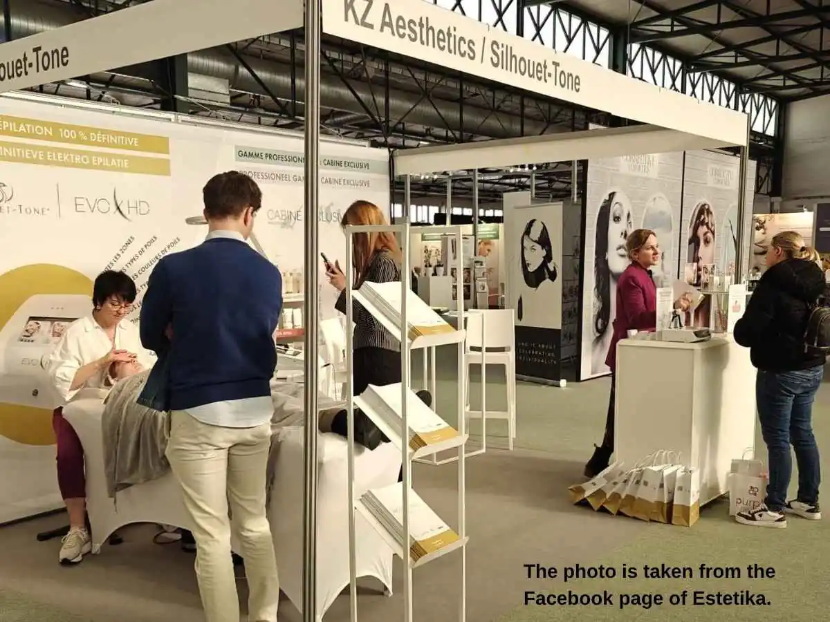 Estetika  2026 Brussels stand with tester stations and skincare consultation area at Brussels Expo