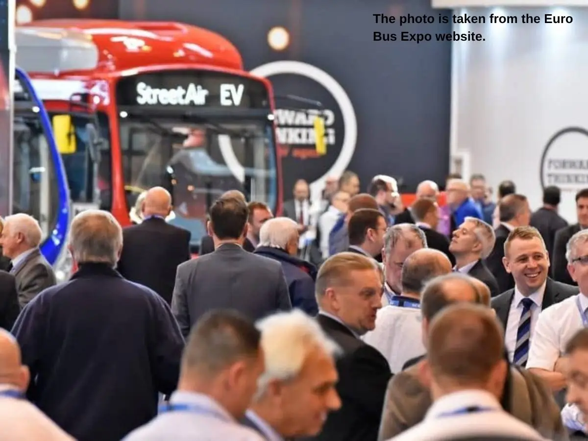 Euro Bus Expo  2026 stand in Birmingham with meeting area and accessibility-focused display at NEC