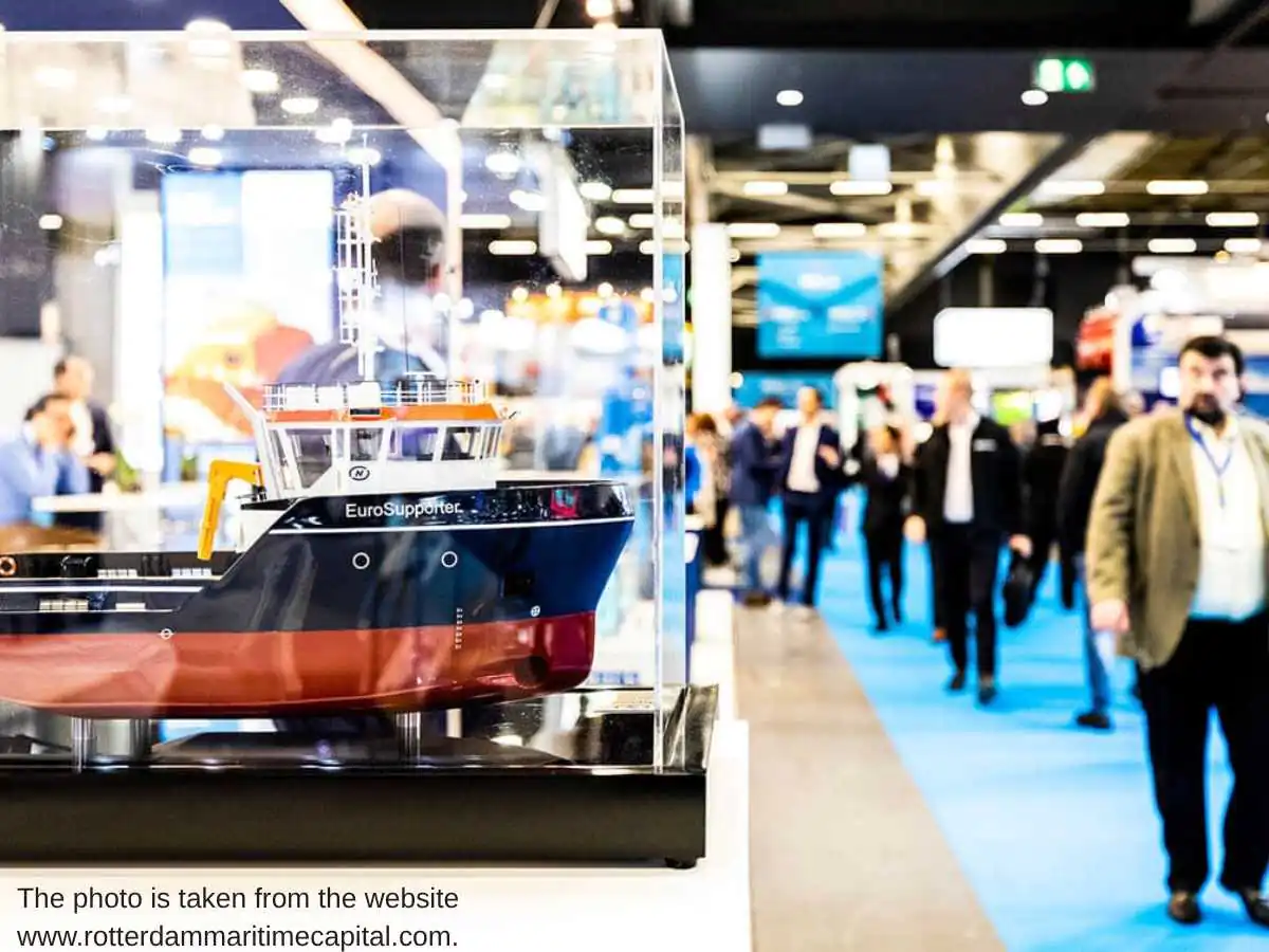 Europort  2027 stand in Rotterdam at Rotterdam Ahoy with maritime meeting area and demo counters
