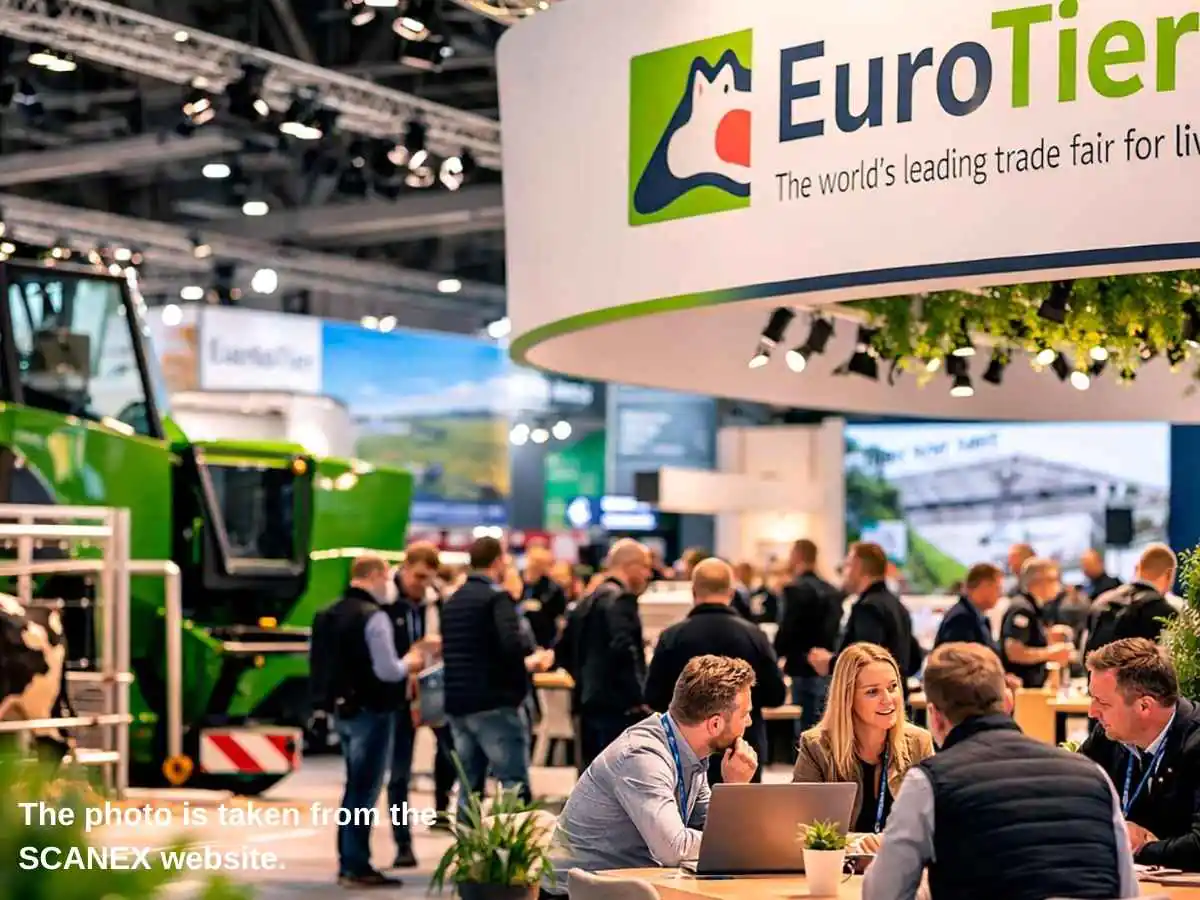 EuroTier  2026 stand in Hanover with livestock meeting area and Hannover Messe backdrop