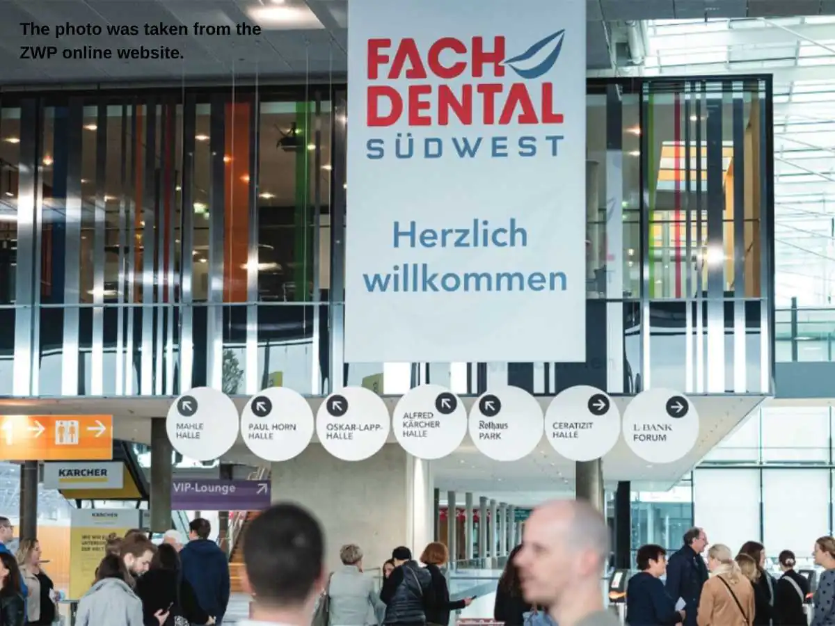 Custom booth at Fachdental Sudwest  2026 in Stuttgart with consultation area and product display at Messe Stuttgart