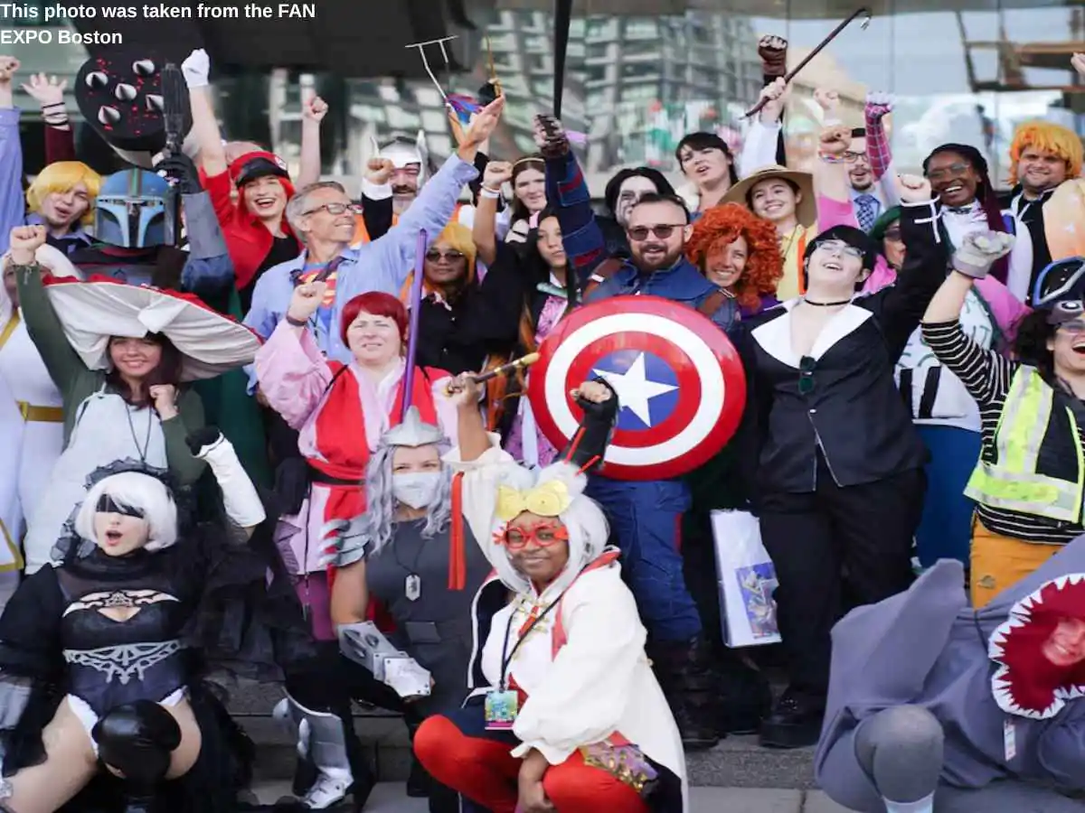 Fan Expo Boston  2026 stand in Boston with cosplay photo area and meeting counter at Thomas M. Menino Convention & Exhibition Center