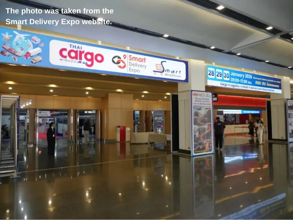 Smart Delivery Expo  2027 Bangkok stand with demo stations and meeting area at BITEC