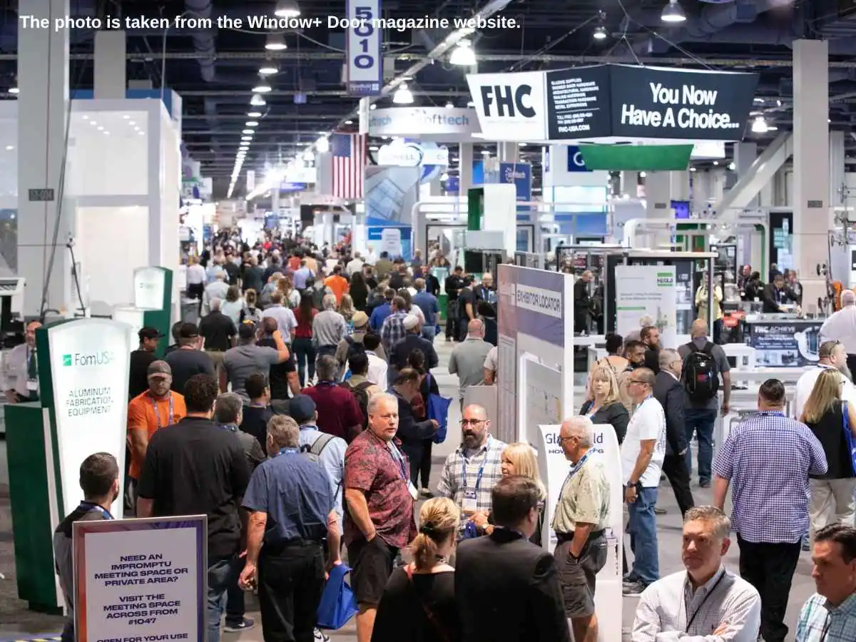 GlassBuild America  2026 Las Vegas stand with glass sample wall and meeting zone at LVCC