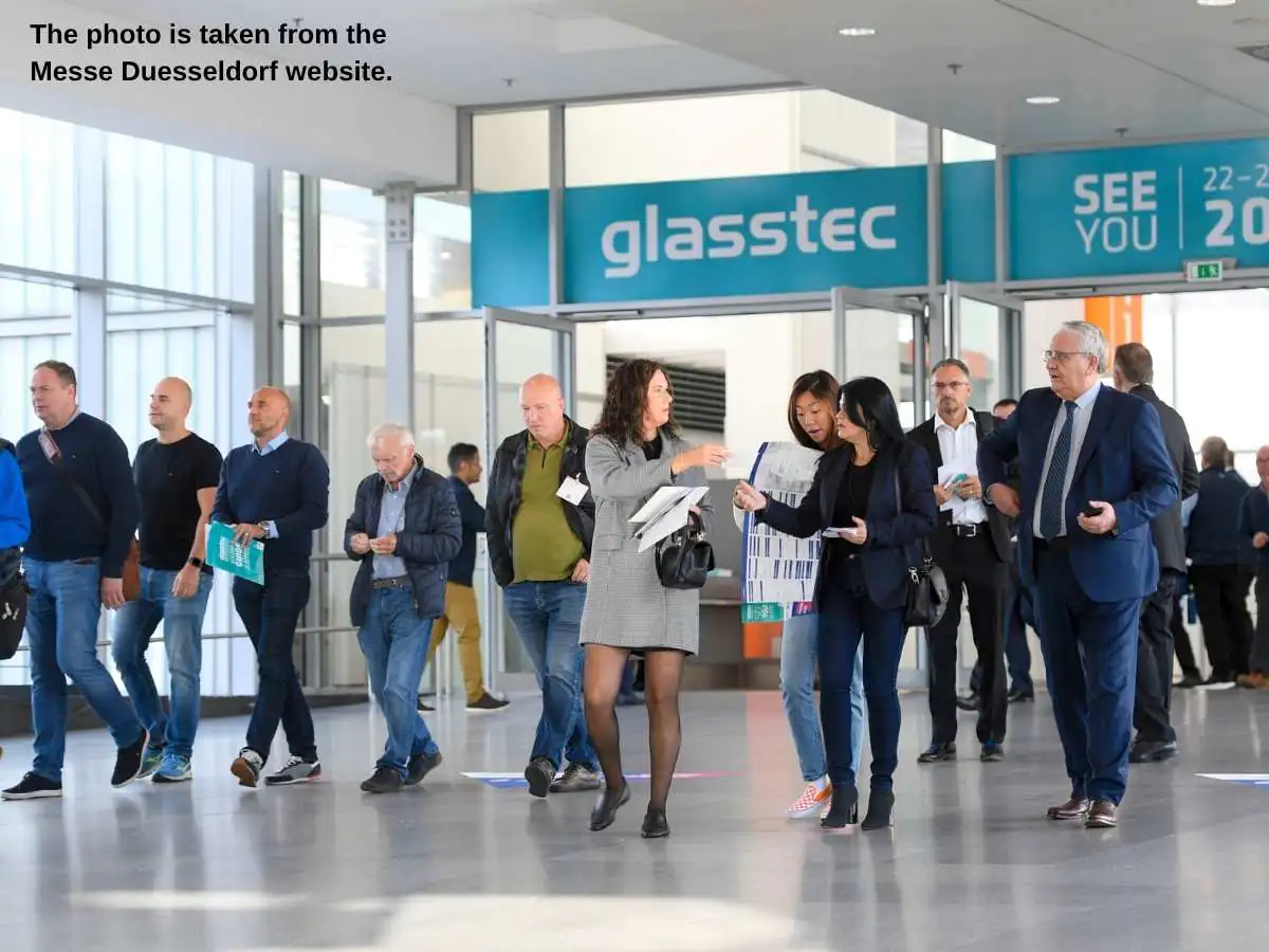 glasstec  2026 stand in Dusseldorf at Messe Düsseldorf with façade display and meeting area