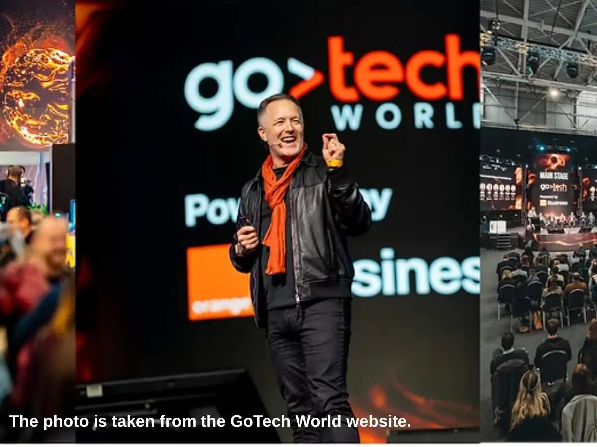 GoTech World  2026 stand in Bucharest with demo stations and meeting area at ROMEXPO