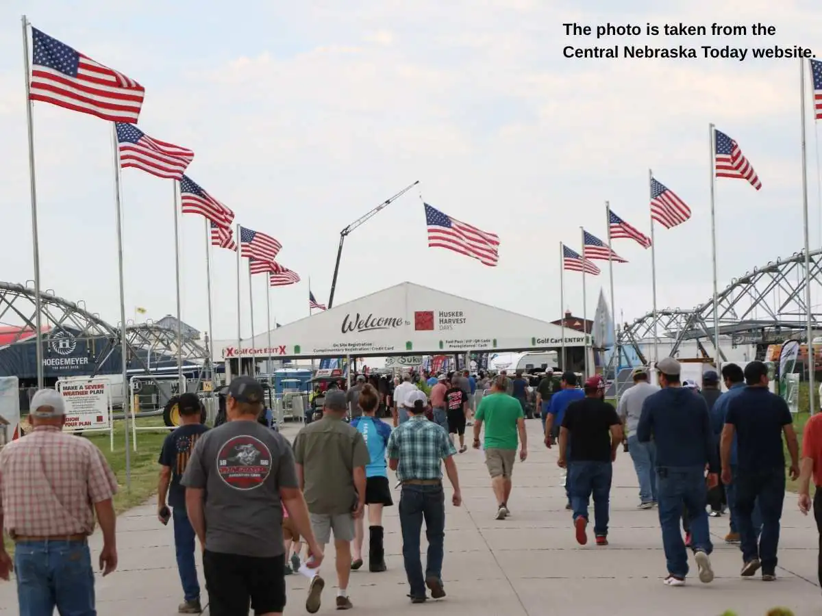 Custom exhibition stand at Husker Harvest Days  2026 in Grand Island with farm machinery demo area and meeting zone