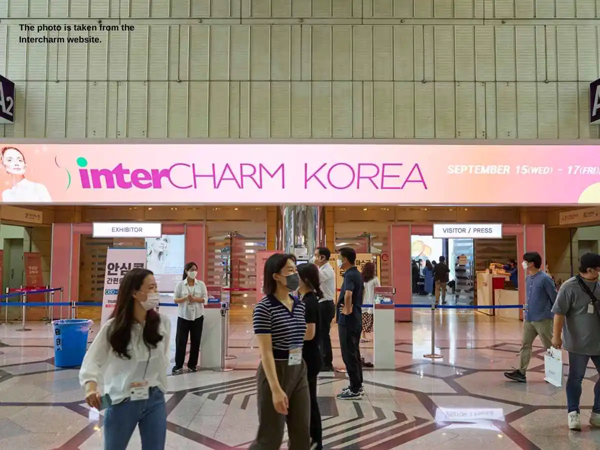 InterCHARM Beauty Expo Korea  2026 stand in Seoul with tester stations and a skincare consultation area