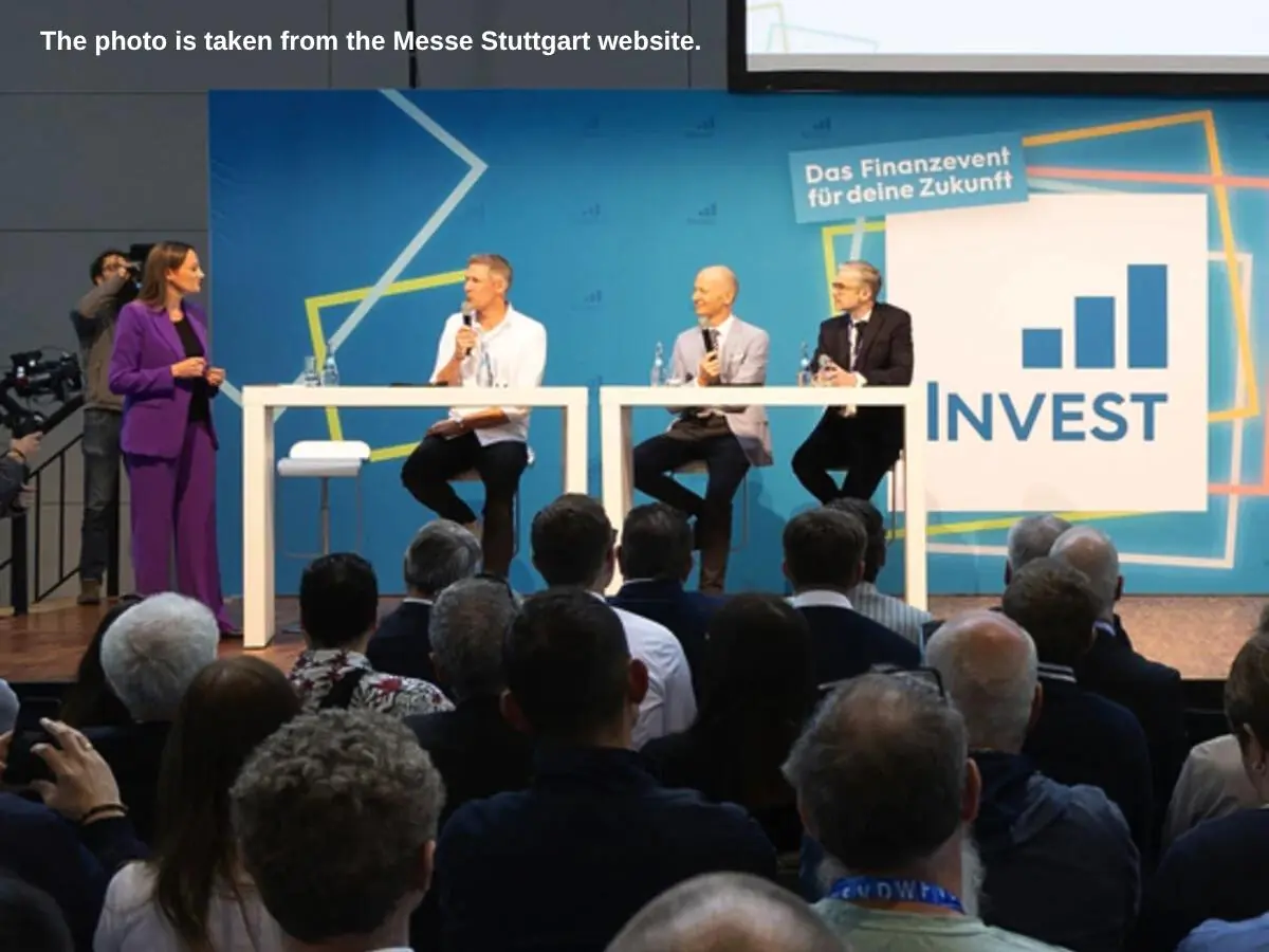 Invest  2027 Stuttgart stand with bank consultation area and meeting zone at Messe Stuttgart