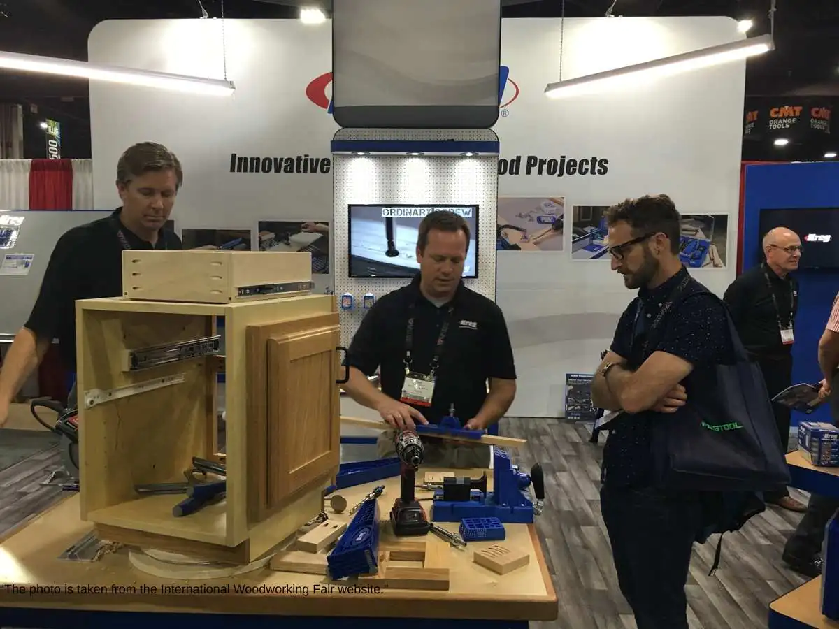 International National Woodworking Fair  2026 in Atlanta custom stand at Georgia World Congress Center with machinery display and meeting area