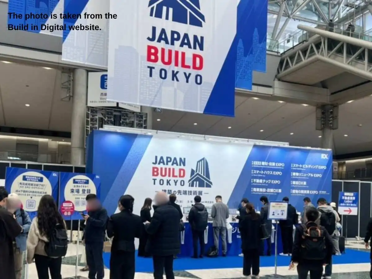Exhibition stand at JAPAN BUILD TOKYO  2026 in Tokyo with BIM display and meeting area