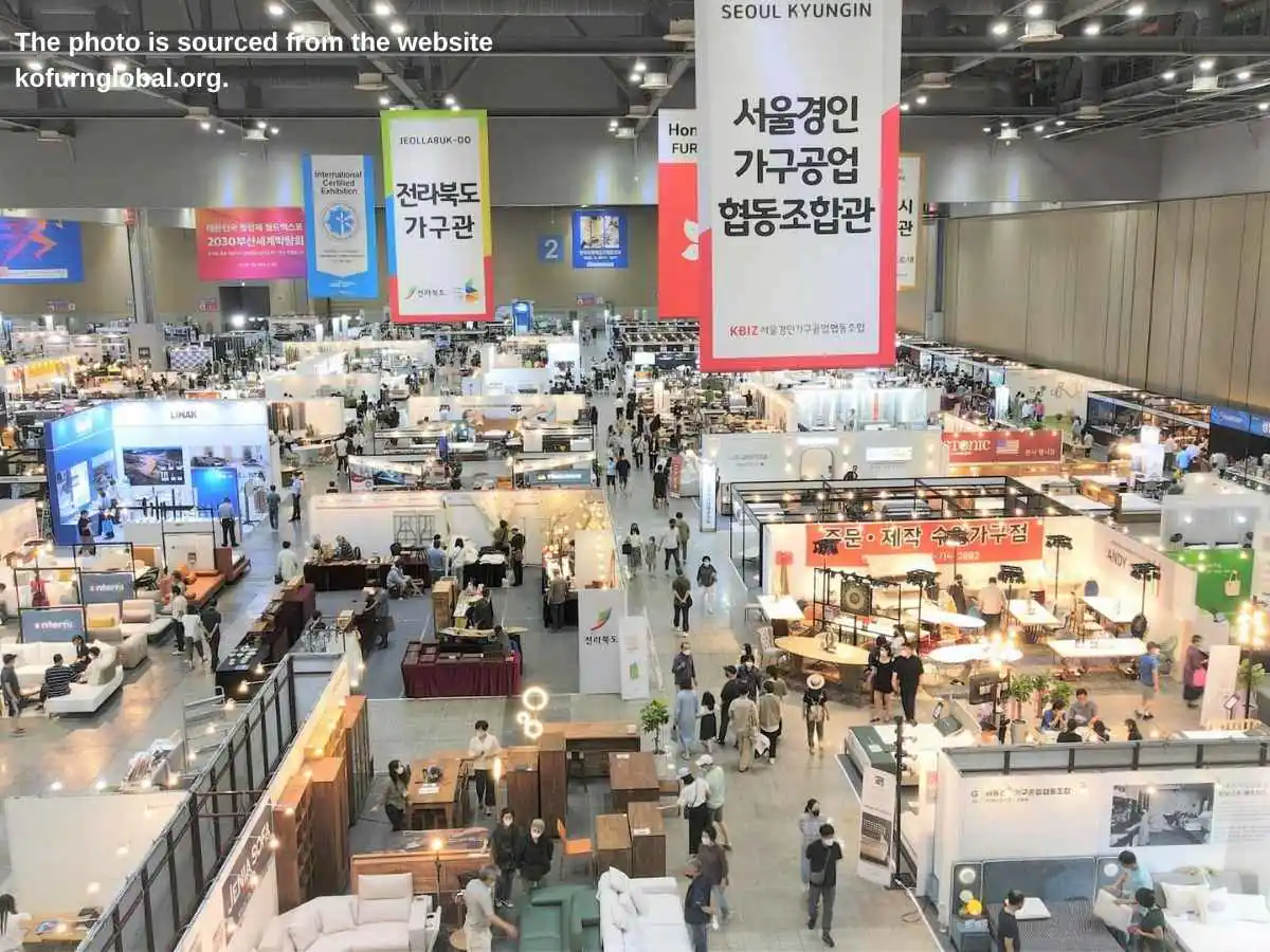 KoFurn  2026 exhibition stand in Seoul at KINTEX with meeting area and product demo zone