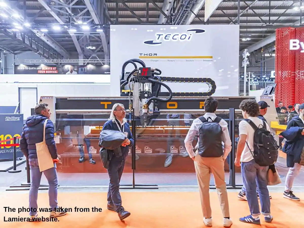 Lamiera  2027 stand in Milan at Fiera Milano with machinery display and meeting area