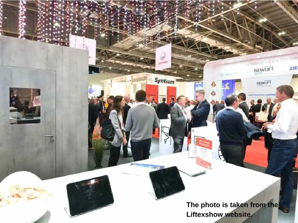 Liftex International  2028 stand in London at ExCeL London with lift product presentation and meeting area