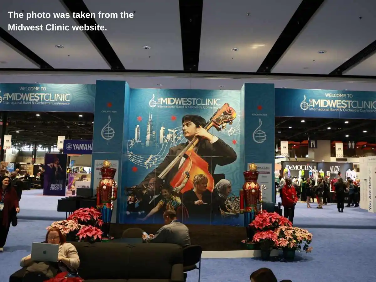 Midwest Clinic  2026 stand in Chicago with meeting area and product presentation near McCormick Place