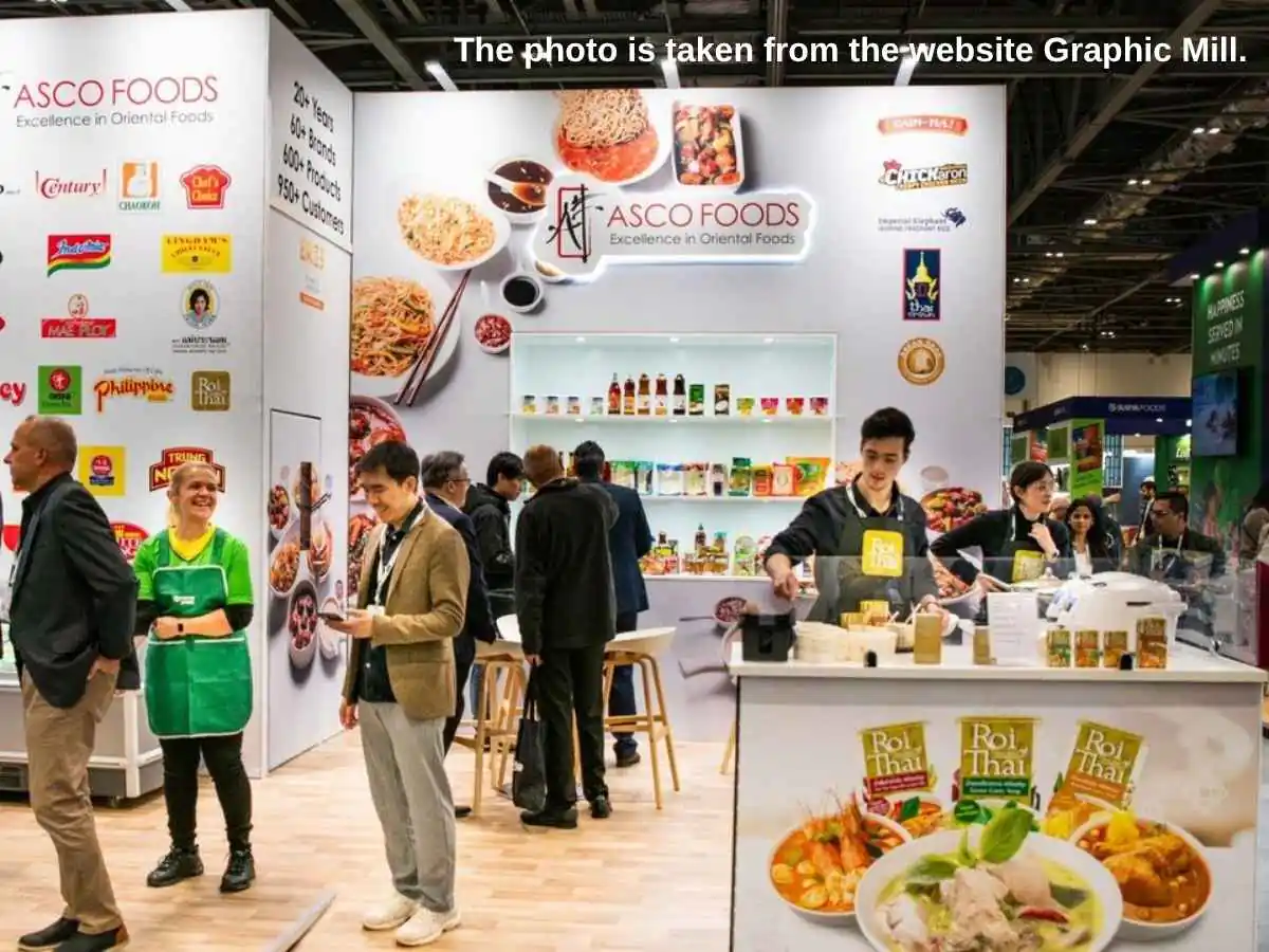 Exhibition stand at The National Restaurant, Pub & Bar Show  2026 in London with tasting counters and meeting zone