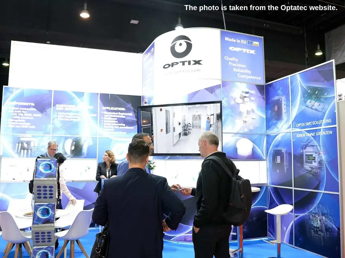 Optatec  2028 stand in Frankfurt with laser module demo area and meeting zone at Messe Frankfurt