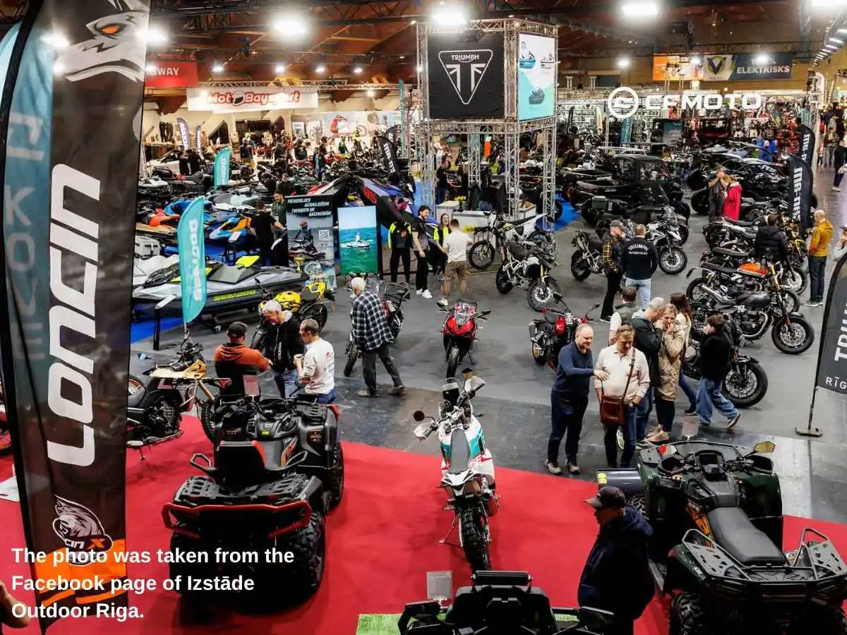 Outdoor Riga  2027 stand in Riga with gear comparison wall and meeting zone at International Exhibition Centre
