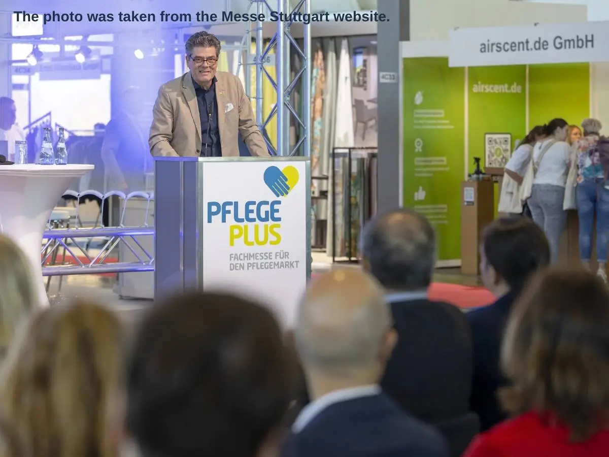 Pflege Plus  2028 stand in Stuttgart with consultation zone and Messe Stuttgart setting