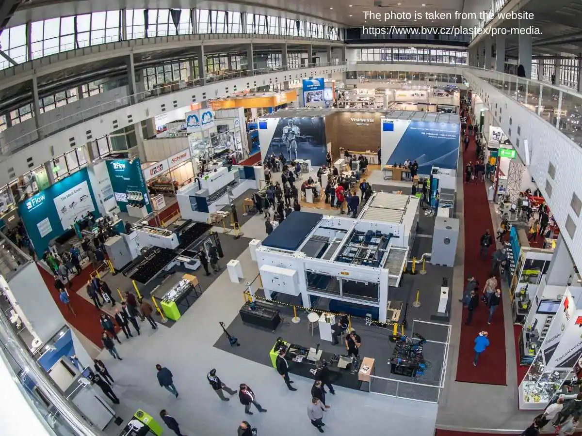 Exhibition stand at PLASTEX Brno  2026 in Brno with machinery display and meeting area