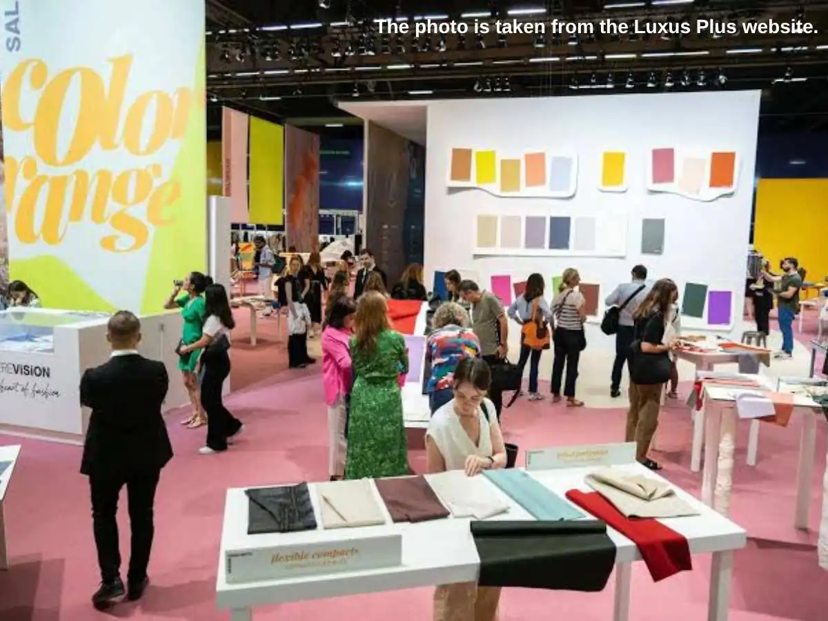 Premiere Vision Paris  2026 stand in Paris with leather sample wall and meeting area at Paris Nord Villepinte