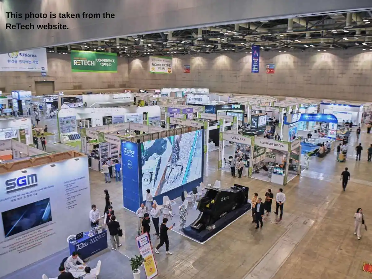 ReTech  2026 exhibition stand in Seoul with waste sorting and meeting area at KINTEX