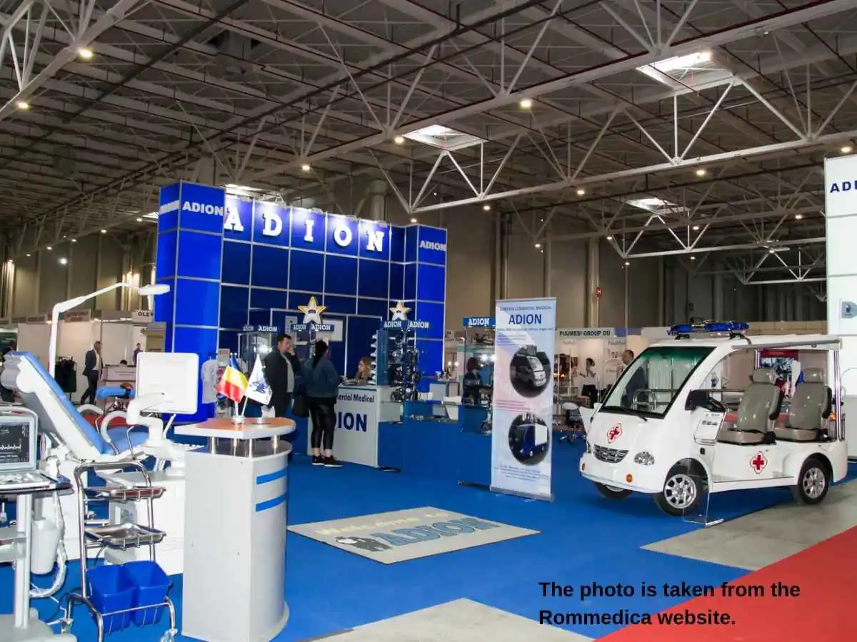 Rommedica  2026 exhibition stand in Bucharest at ROMEXPO with consultation zone and medical device display