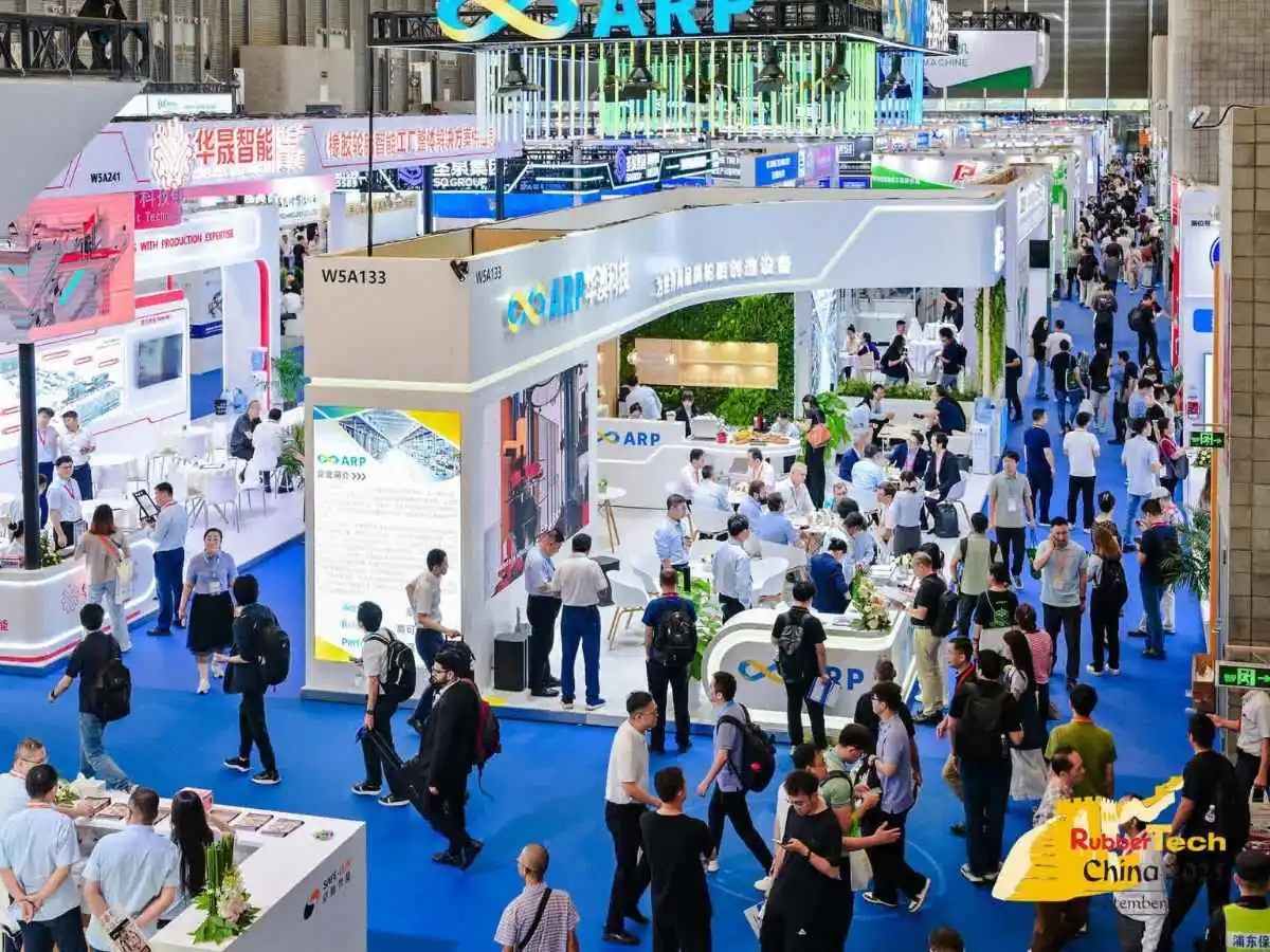 RubberTech China  2026 stand in Shanghai at SNIEC with machinery display and meeting area