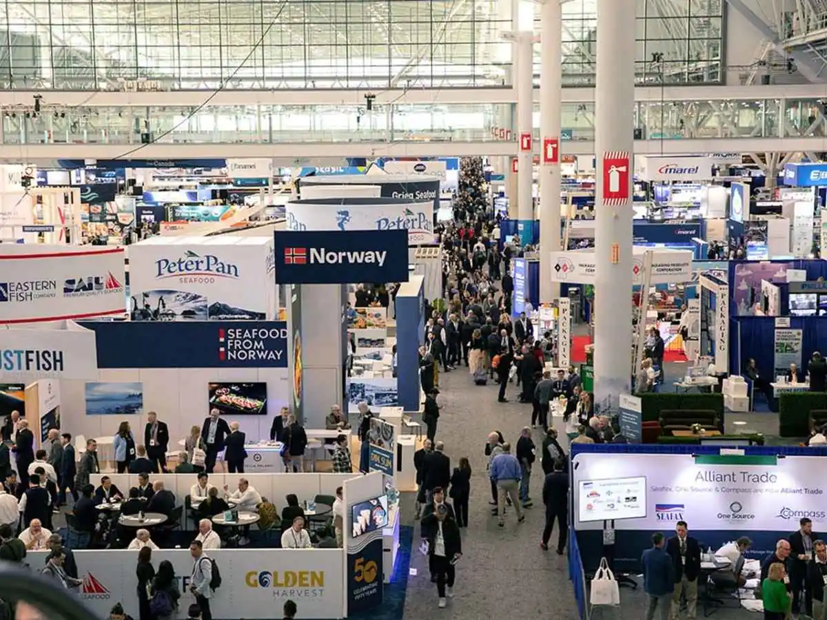 Seafood Expo North America  2027 in Boston stand with tasting counters and buyer meeting area